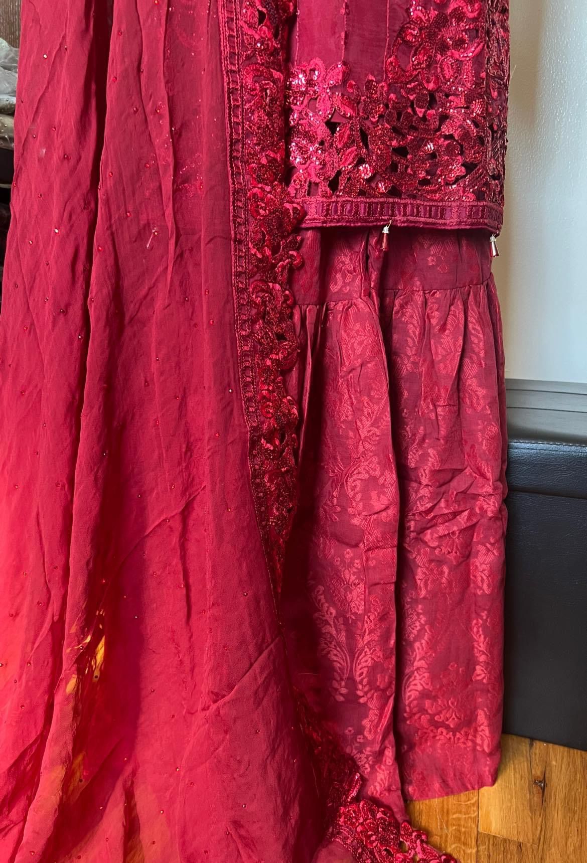 Ruby Elegance: Maria B's Embroidered Organza Party Ensemble