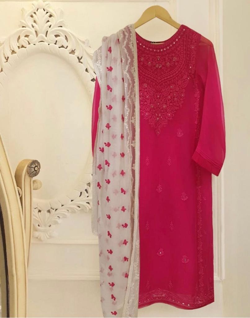 Scarlet Serenade - Aghanoor 3-Piece Pure Chiffon Embroidered Kameez with Pant and Dupatta
