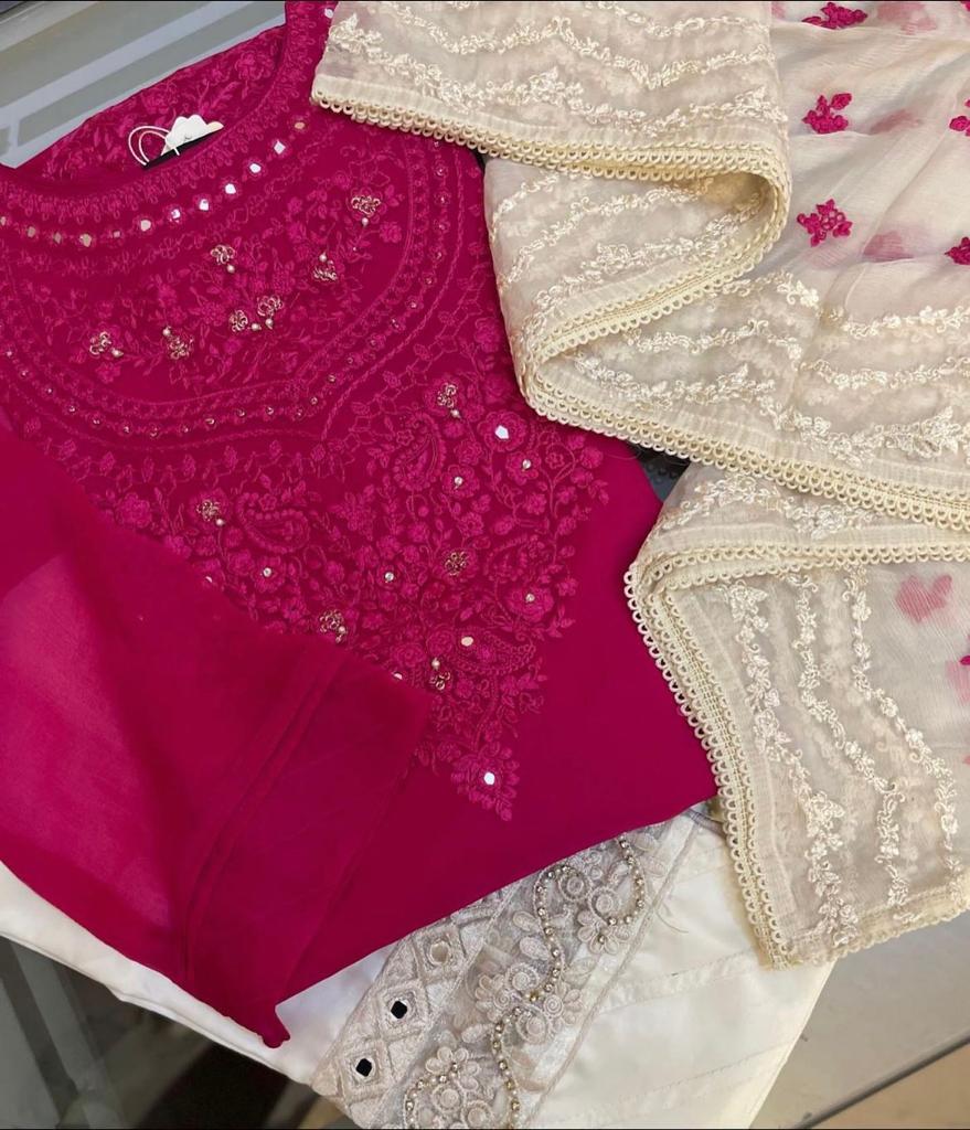 Scarlet Serenade - Aghanoor 3-Piece Pure Chiffon Embroidered Kameez with Pant and Dupatta