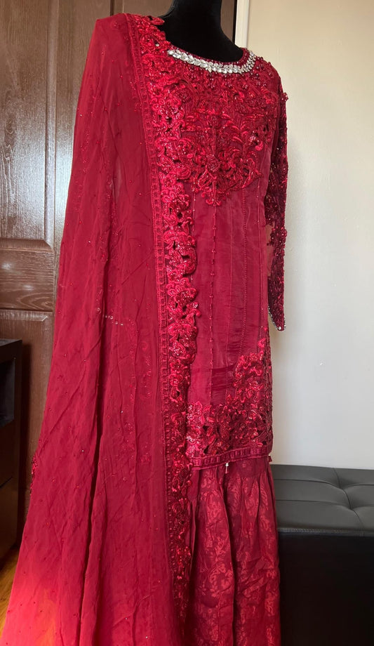 Ruby Elegance: Maria B's Embroidered Organza Party Ensemble