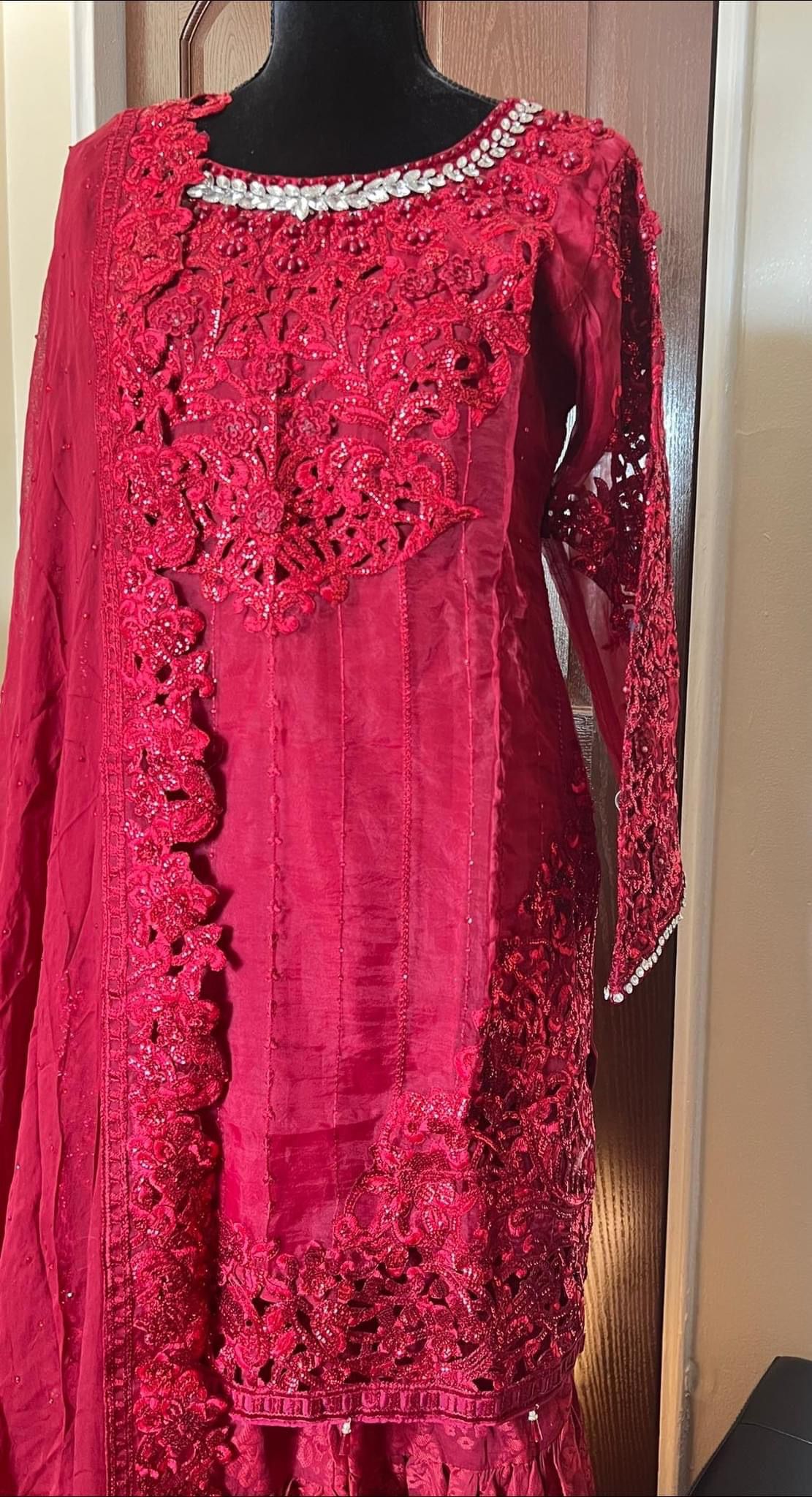 Ruby Elegance: Maria B's Embroidered Organza Party Ensemble