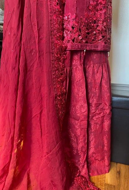 Ruby Elegance: Maria B's Embroidered Organza Party Ensemble