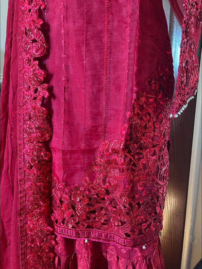 Ruby Elegance: Maria B's Embroidered Organza Party Ensemble