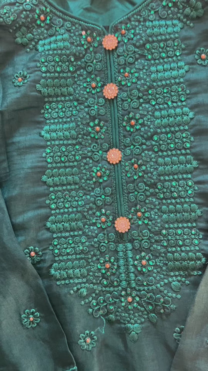 Bottle Green Embroidered salwar kameez Suit 3-Piece Set – Kameez, Pants & Dupatta